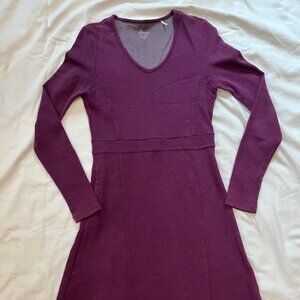 Toad&Co Long Sleeve Fit-n-Flare Dress V-Neck Knee-Length Dress, Magenta, XS